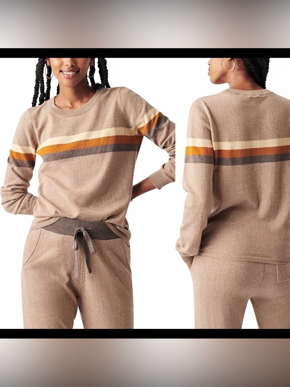 Women's Faherty Horizon Surf Organic Cotton Brown Strip Pullover Sweater. Medium
